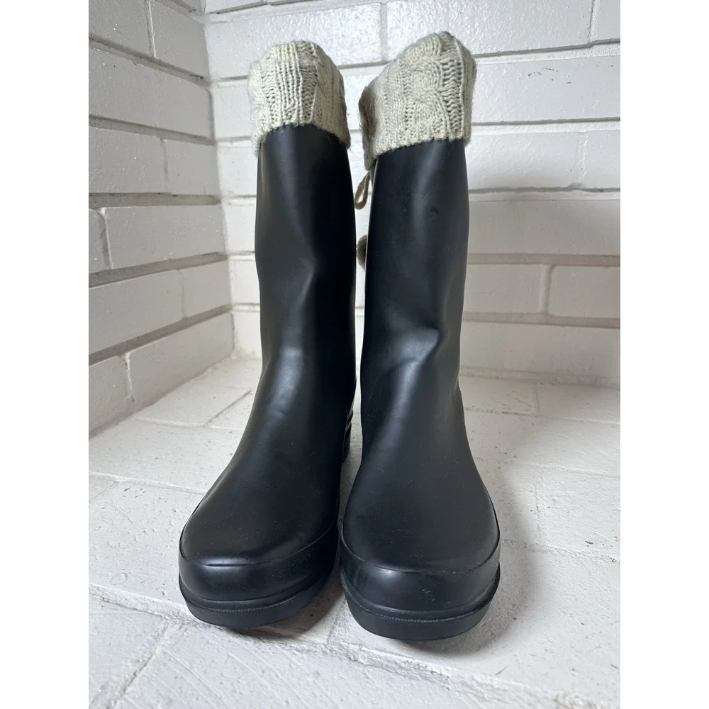 Western Chief Size 10 Black Rain Boots Y2K Disney Cozy Knit Cuff Pom Poms
